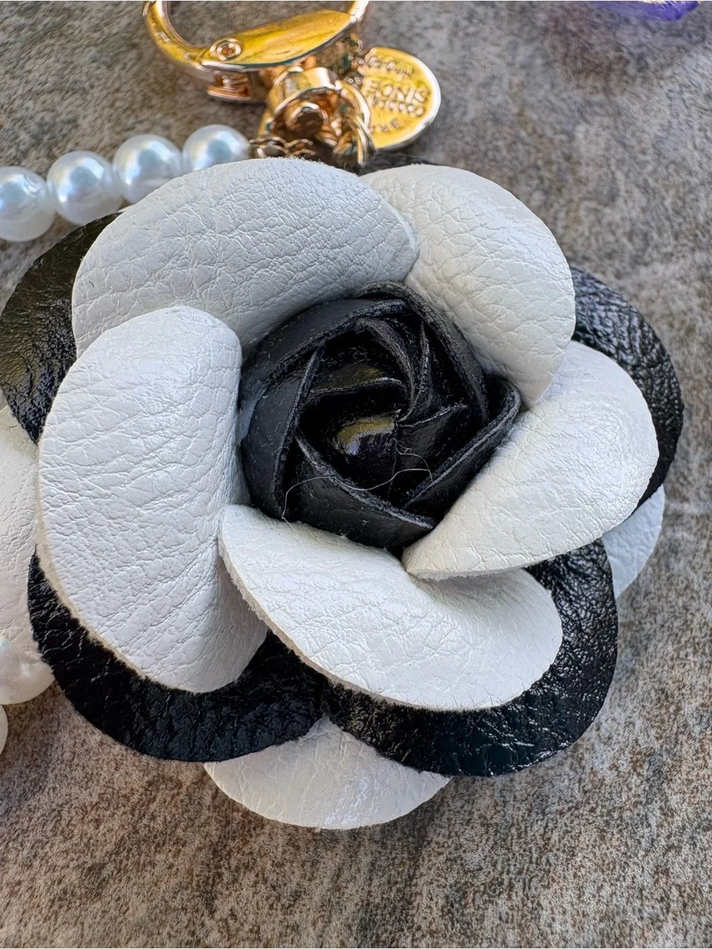 Bag Charm Keyring with Black & White Camellia & Pearl Accent NWOT